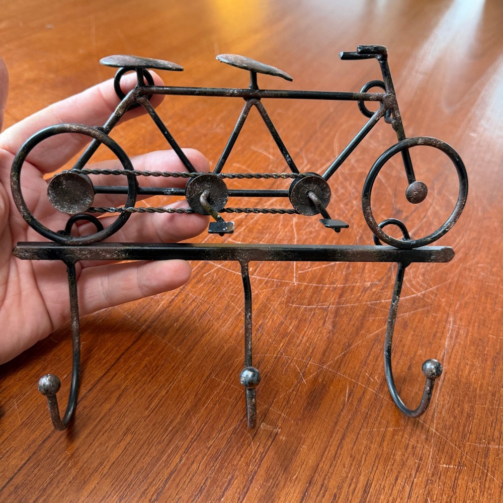 Vintage Rustic Metal Tandem Bicycle Wall Hook Rack 3-Hook Key Holder Steampunk